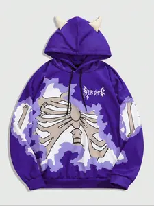 Men's Skeleton & Letter Print Hoodie, Graphic Print Hoodie, Casual Loose Long Sleeve Hooded Sweatshirt for Spring & Fall, Fashion Men's Top for Daily Wear, Pullover