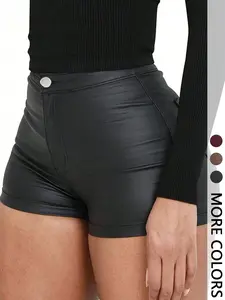 Women's Plain PU Smooth High-Waisted Button Closure Shorts, Fitted Casual Style, 1 Piece, Perfect for Everyday Wear