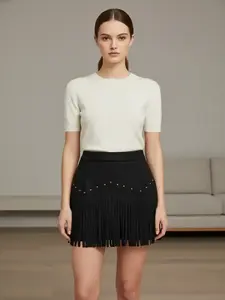 Women's Fringe Trim Short Skirt, Elegant Solid Color Zipper Skirt for Daily Wear, Ladies Bottoms for All Seasons