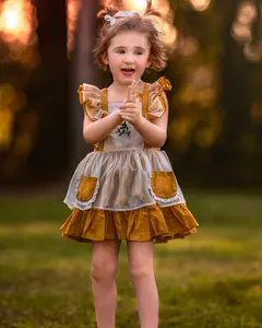 Girl Dress, Yellow Rose Embroidered Smocked Dress, Ruffle Sleeve Girl Frocks, Chiffon Kids Boutique Clothing