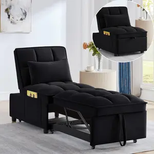 Velvet Foam 3-in-1 Convertible Sleeper Chair Sofa Bed - Adjustable Backrest, Pillows, Storage Pockets, Pull-Out Couch Chaise Lounge Recliner for Living Room, Bedroom, Black