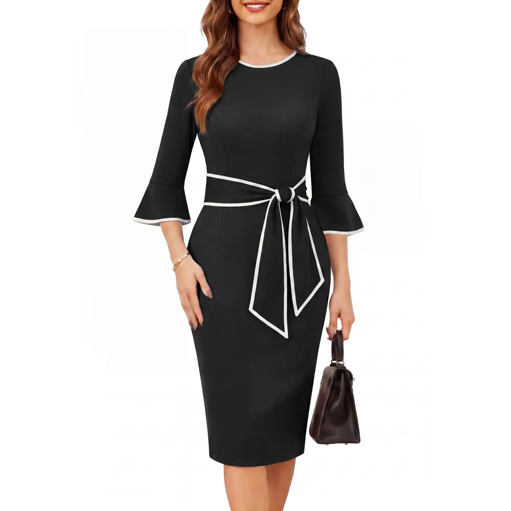 Grace Karin Women's Textile Blend Casual Contrast-Color Bodycon Dress, 3/4 Sleeve, Crew Neck, Back Slit, Textile Blend Casual Dresses, Seamless Stretch Casual Dresses