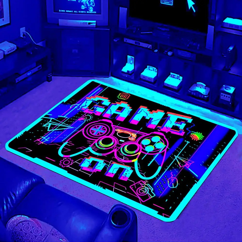 Gaming Themed Pattern Non-slip Rug, UV Reactive Glow in the Black Area Carpet, Floor Carpet for Home Living Room Bedroom, Summer Bedroom Decor
