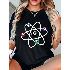 Women's Billiards Atomic Structure T - Shirt, 8 Ball & Colored Pool Balls Graphic Tee for Pool Players, Casual Game Night Outfit, Comfortable Casual Wear for Billiards Enthusiasts 100% Cotton T-shirt