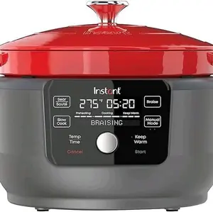 Instant 6-Quart 1500W Electric Dutch Oven with Recipe Book - Braise, Slow Cook, Sear, Warm, Red Enameled Cast Iron