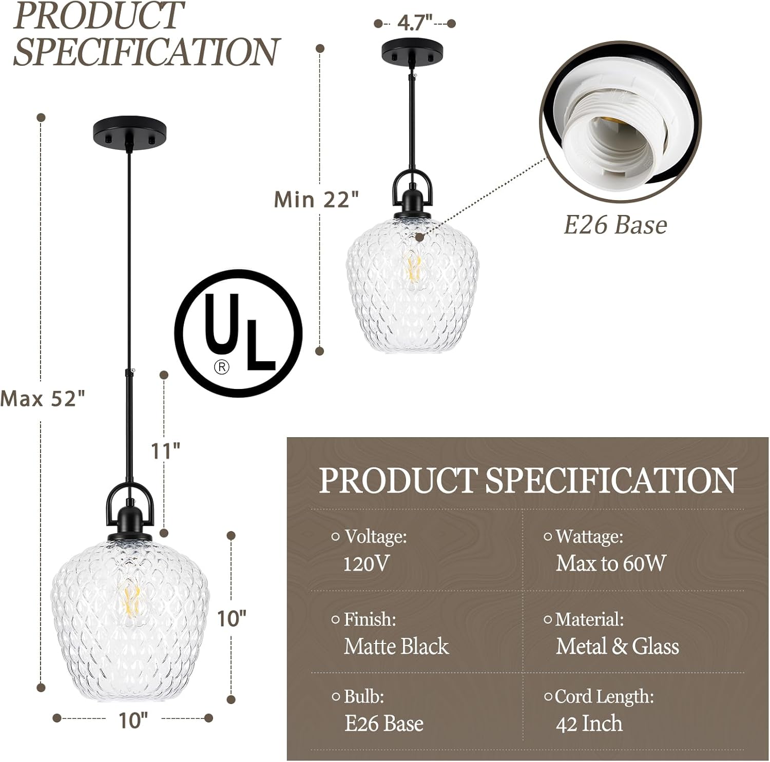 Large Glass Pendant Lights Kitchen Island, 10" 1-Light Black Fixtures with Hammered Glass Modern Hanging Light for Kitchen Island Dining Room Entryway Foyer