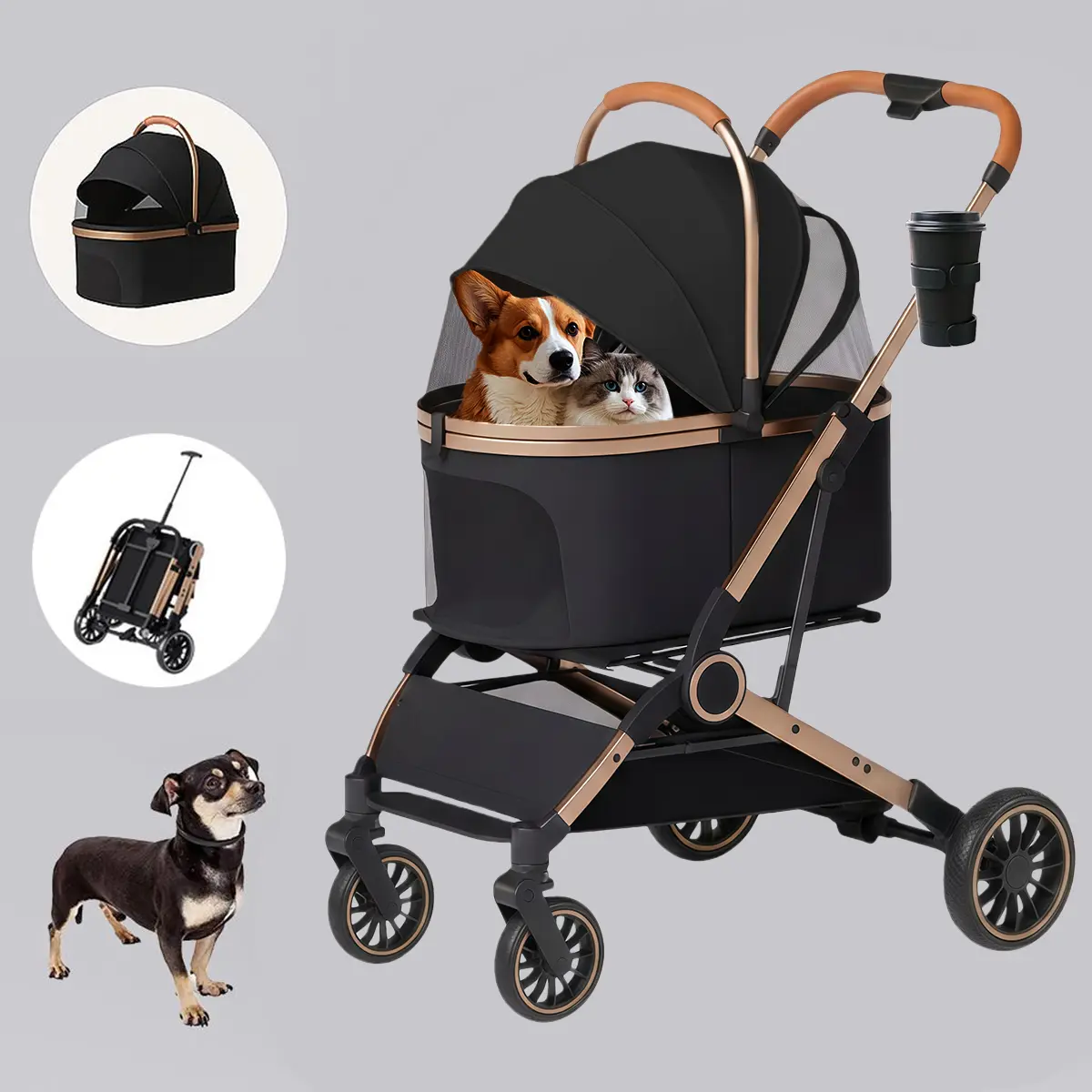 PAWPUBBY 4-Wheel Foldable Pet Stroller for Dogs & Cats - Waterproof Animal Carrier, Swivel Wheels, Storage Basket, Cup Holder for Comfortable Walks, Fabric, Hook And Loop, Shock Absorber