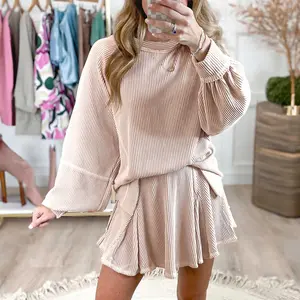 Women's Lady 2-Piece Casual Elegant Jet Stream Corded Long Lantern Sleeve Top, High Waist Ruffled Mini Skort Set