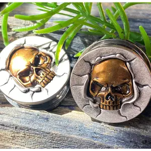 PAIR of Unique Bronze Crashing Skull Screw Fit Tunnels/Plugs - Gauges 0g (8mm) thru 1" (25mm)