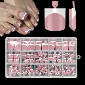 150 Pcs Press On Toenails French Tip – Square Soft Gel False Toe Nails, Full Cover Acrylic Berry Pink, Pre-Designed Thick Fake Toenails Kit with 15 Sizes for DIY Pedicure