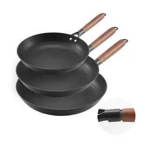 VEVOR Cast Iron Skillet, 3-Piece Frying Pan Set (8, 10, 12 in), Nonstick Skillets with Detachable Wood Handle, Pre-Seasoned Chef's Pan, Kitchen Cookware for Gas, Electrical, and Induction, Black