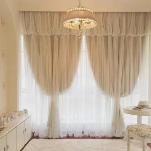 2pcs French Style Lace Curtains with Headboard, Elegant Two-Layer Design for Bedroom Living Room Balcony Floor Window Decoration, Home Decoration Curtain