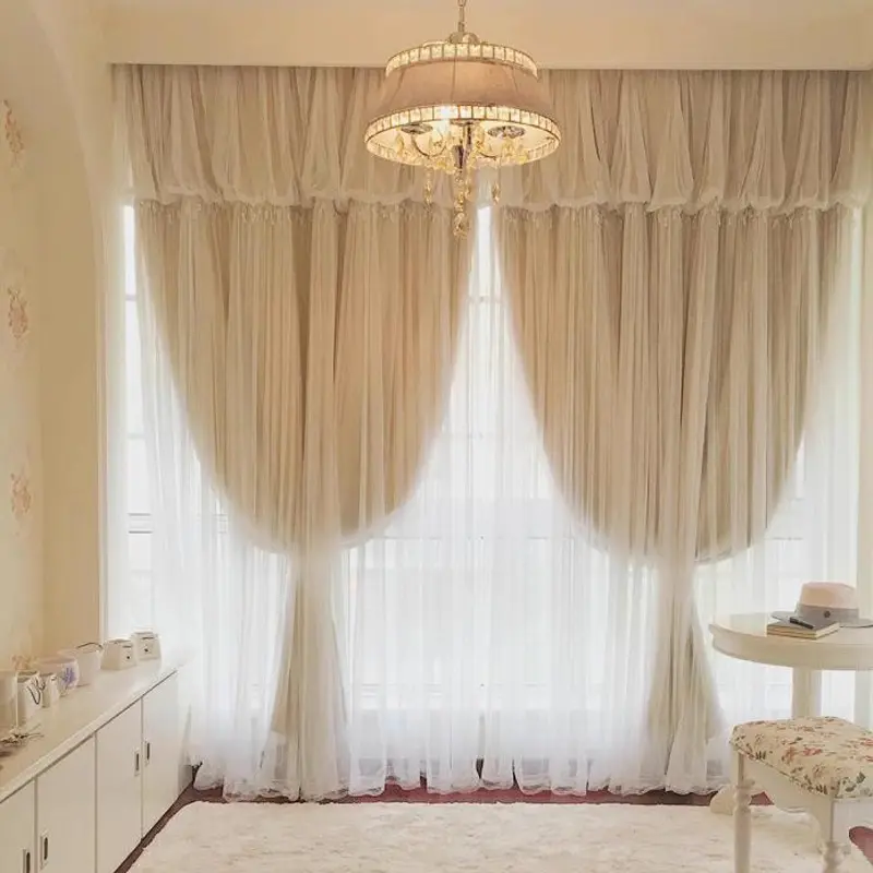 2pcs French Style Lace Curtains with Headboard, Elegant Two-Layer Design for Bedroom Living Room Balcony Floor Window Decoration Bedroom Curtains Arch Home Decoration Curtain