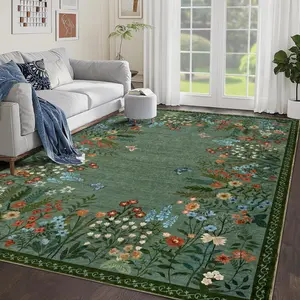 Floral Pattern Green Background Velvet Material Washable Rugs Area Rugs for Living Room Room Decoration Rugs for Bedroom Large Carpets Ultra Soft Velvet Retro Dining Room Rug Low Pile Rug for Home Office Decor Kitchen Rugs for Entryway Bathroom