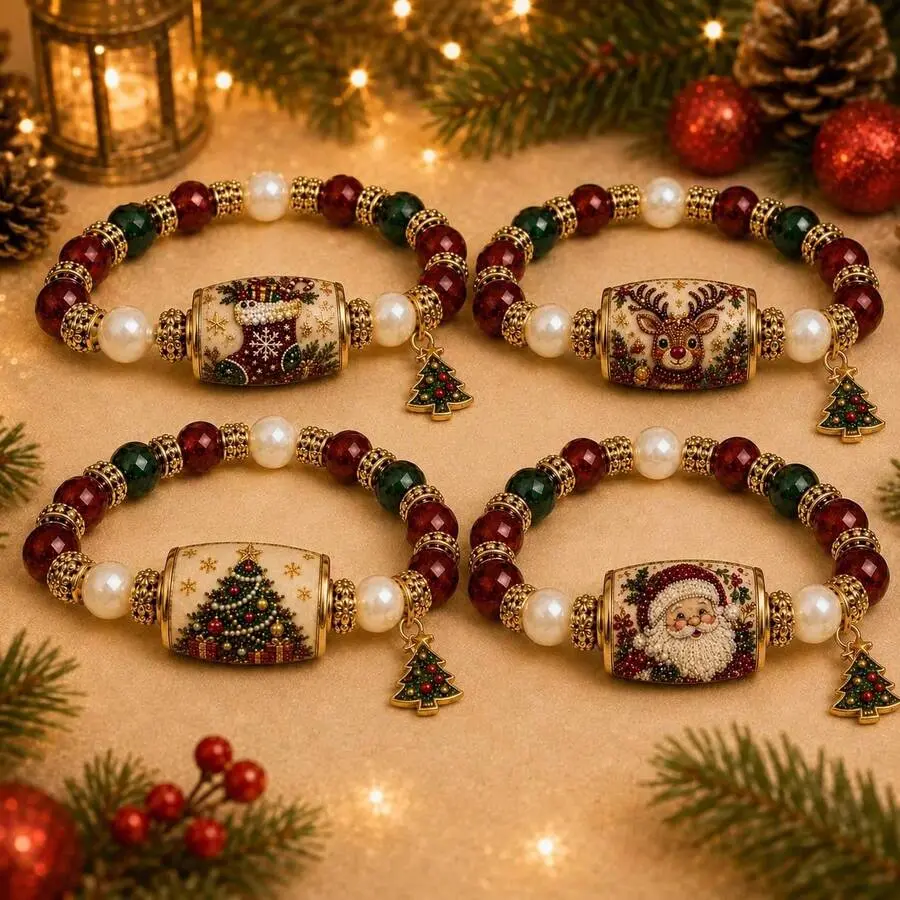2026 New Santa Claus Bracelet Crystal Pearl Santa Claus Round Tube Pine Tree Pendant Bracelet Christmas Pine Tree Bracelet