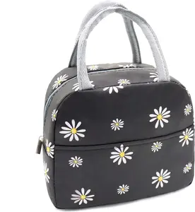 Insulated Lunch Bag Women, Reusable Cute Tote Lunch Box for Adult & Men, Leakproof Cooler Lunch Bags for Work Office Travel Picnic (Black with White Daisy)