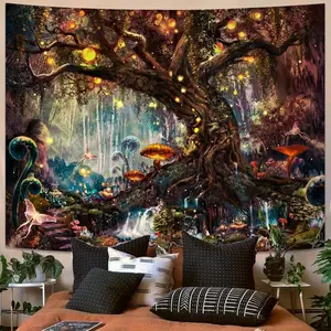 Fairy tale magic forest tapestry, tree of life natural scenery tapestry, suitable for living room bedroom decoration