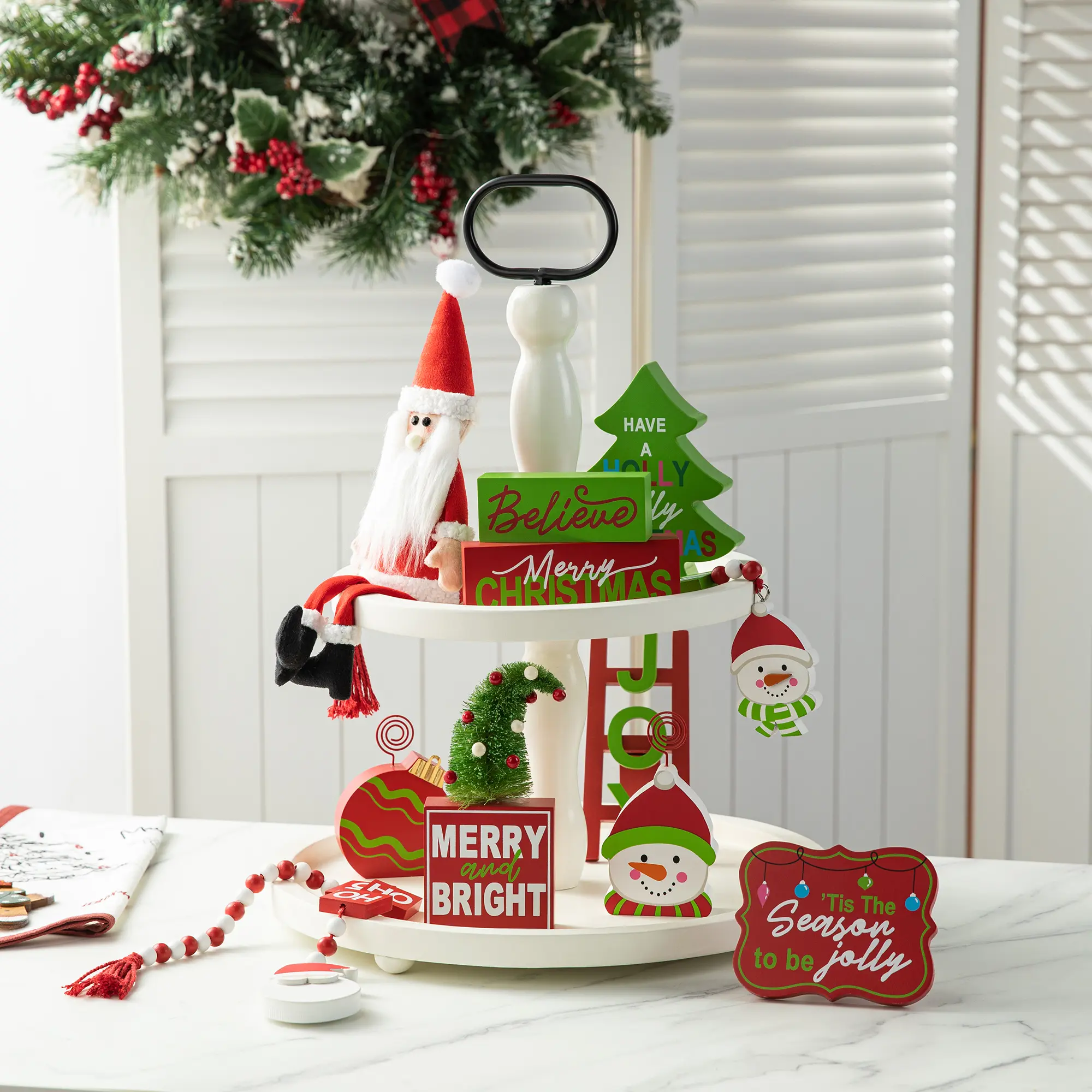 【Christmas in July】 Glitzhome Set of 11 Christmas Wooden Word Signs and Fabric Santa Tiered Tray Set Table Decor
