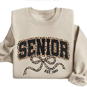 Senior 2026 T-Shirt - Sweater, Leopard Class of 2026 Sweatshirt, Coquette Senior, Retro Cheetah Senior Bow Sweatshirt Cotton Fabric
