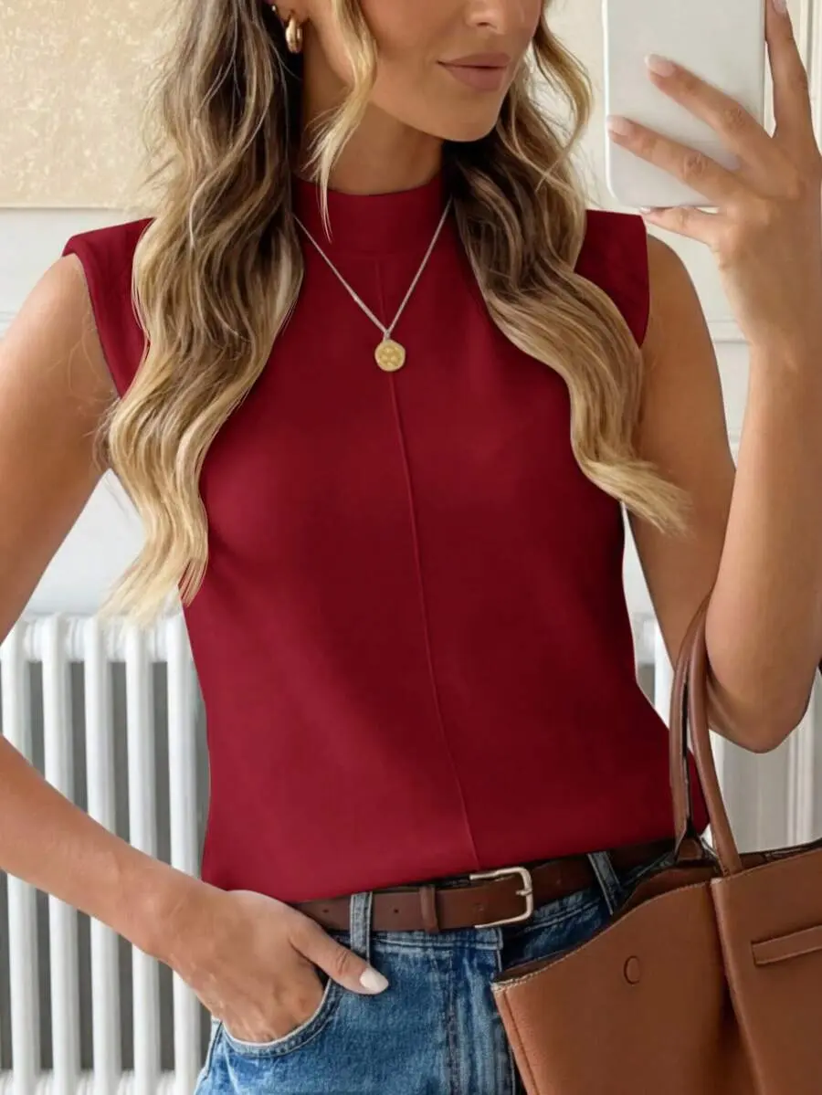 Women's Simple Sleeveless Tank Top, Versatile And Fashionable Casual Top Office Burgundy Summer
