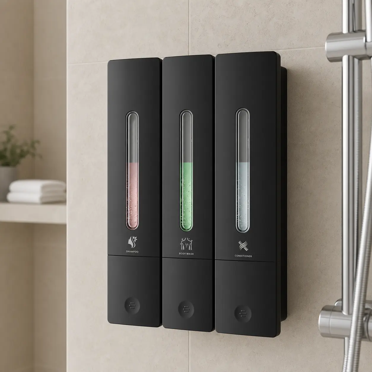 No-Drill Wall-Mounted 3-Chamber Shampoo and Conditioner Dispenser,   1200ML   Multi-Use Soap Dispenser for Bathroom and Hotel ,Kitchen Utensils