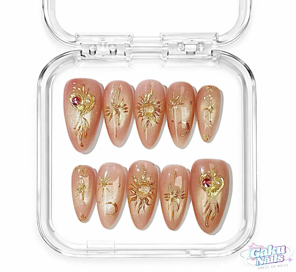 GakuNails PEACH SKY Reusable Press On Nails - 10 PCS Medium Almond Handmade Builder Gel Nails with 3D Pearls, Gold Accents, Gold Charm, Heart Print, Rhinestone Embellishments for Valentine's Day, Nails Press Ons