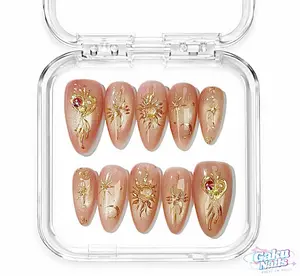 GakuNails PEACH SKY Reusable Press On Nails - 10 PCS Medium Almond Handmade Builder Gel Nails with 3D Pearls, Gold Accents, Gold Charm, Heart Print, Rhinestone Embellishments for Valentine's Day, Nails Press Ons