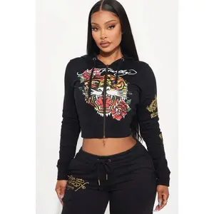 Ed Hardy Retro Tiger Zip Front Hoodie - Black D