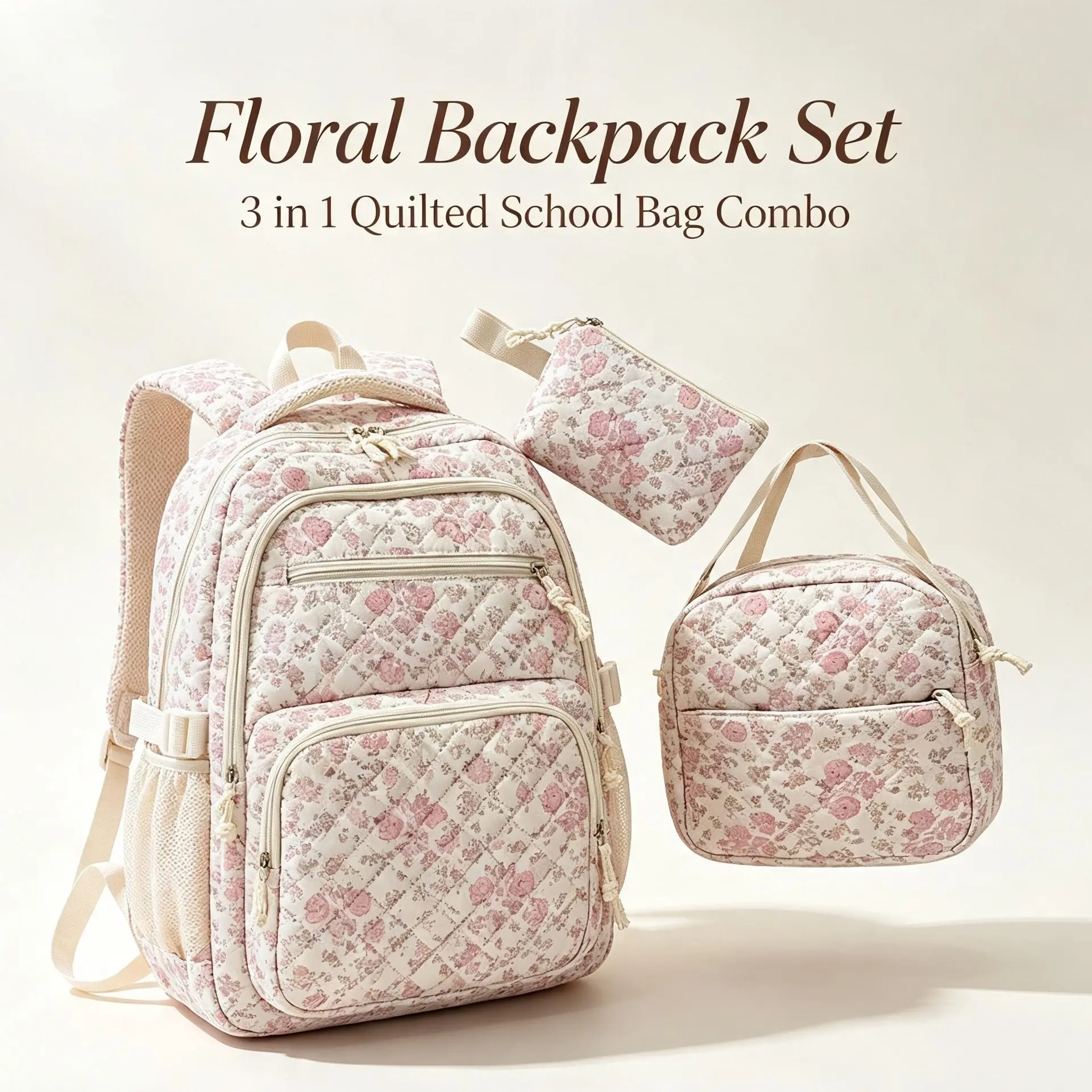 3pcs Women's Large-Capacity Backpack, Zipper Closure, Flower Print, Cute and Versatile Design, Personalized Trendy Style, Ideal for School, Commute, and Shopping, Casual Printed Backpack