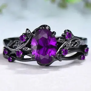 Elegant women's retro style purple gemstone ring gun black rose branch cross two-piece set classic wedding fashion jewelry