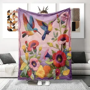 Soft Skin-Friendly Quilted Hummingbird and Floral Pattern Fleece Throw Blanket, Lightweight Bedspread for All Seasons, Perfect for Travel and Office Decor, Ideal Gift for Friends and Family