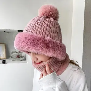 Multifunctional Knitted Hat with Plush Balls and Ear Protection Solid Color Winter Women's Mask Neck Cover Warm Beanie Ski Hat Super Soft Thickened Elastic Knit Hats High Quality Hat
