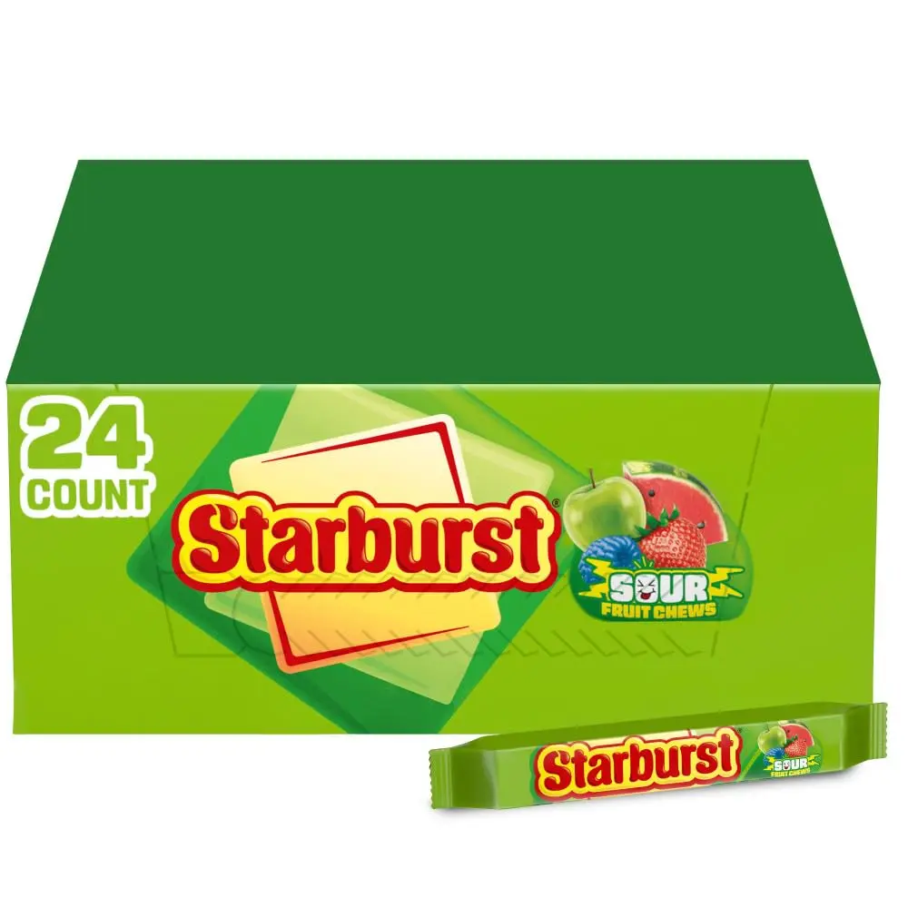 STARBURST Sour Chewy Candy Snacks, 2.07 Oz Pack, Bulk Candy, 24 Count | Sour candy snack, share size fruit chews, individually wrapped candy, bulk candy, gluten free for party, movie night