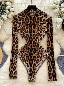 Women's Fall Winter Fashion Leopard Print High Neck Long Sleeve Jumpsuit, Comfortable Stretch Fitted Bodycon Slim Fit One-Piece Bodysuit Womenswear