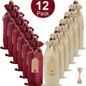 Gifts for her/him: 12 high-grade burlap wine bags and gift labels, reusable wine bags with drawstrings, wine bottle bags, Gift Package