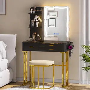 RGB Makeup Vanity Desk with Wireless ChargingStation,7 Dynamic and 7 Static Dimmable Vanity Tablewith Visible Glass Top,Auto Sensor LED Make up Vanitywith Mirror and Lights,Stool