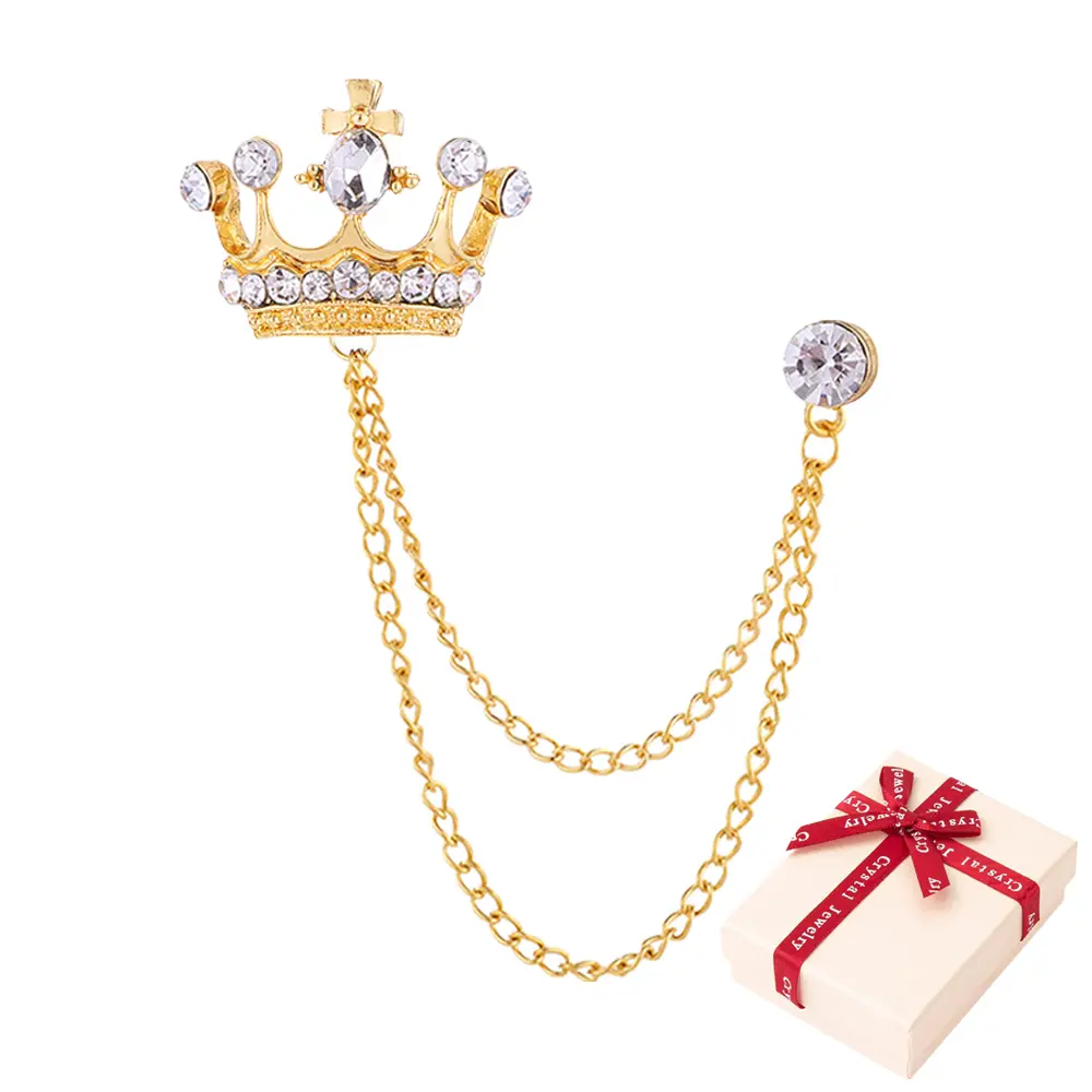 Crown Brooch with Gift Box, Rhinestone Tassel Brooch Pin, Retro Crystal Suit Pins, Long Chain Collar Pin, Gold Coat Tassel Chain Lapel Pins with White Gem for Men's Women’s Suit Accessories
