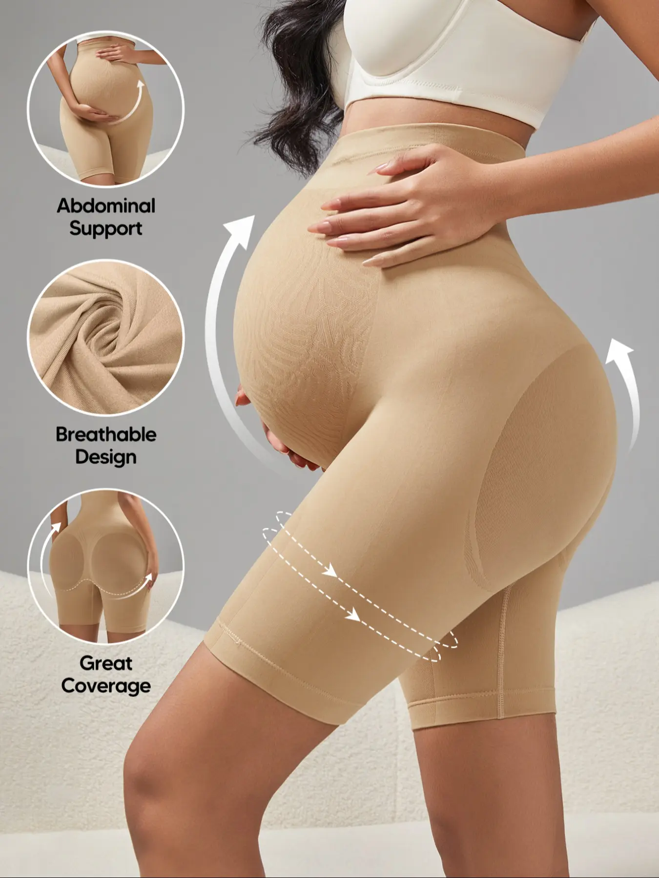 Maternity Solid Color High Waist Seamless Belly Band Shapewear Shorts, Comfortable Breathable Pregnancy Underwear, Prenatal Underwear, Pregnant Women's Shapewear for Daily Wear, Maternity Clothing, Maternity Clothes