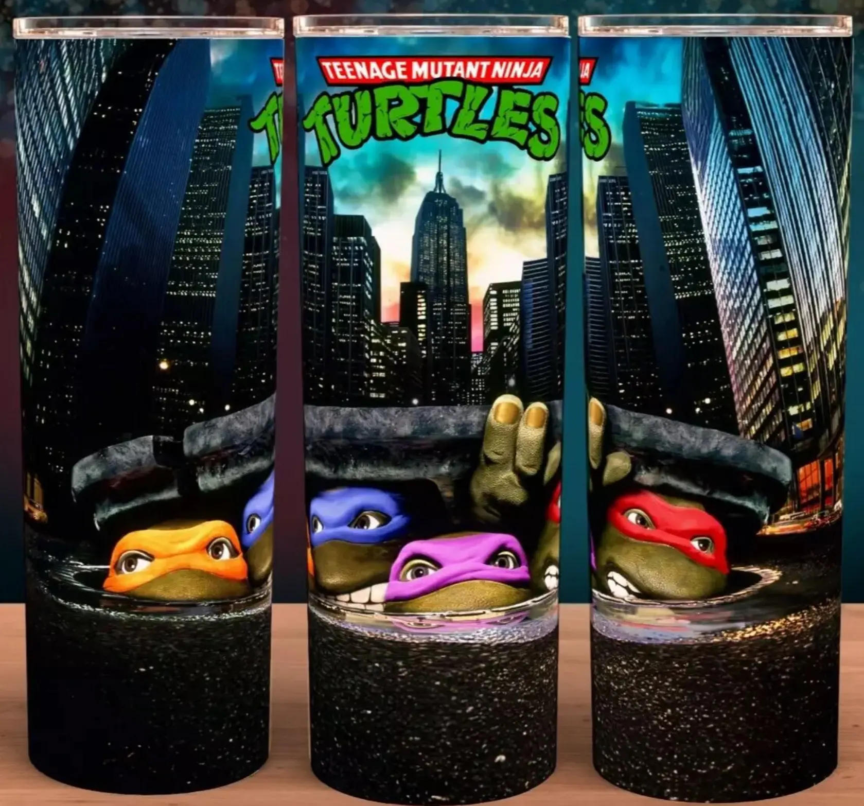 TMNT Ninja Turtles Movie Cup Mug Tumbler 20oz Stainless Steel Tumbler with Slide Closure Lid, Reusable Plastic Straw - Drinkware