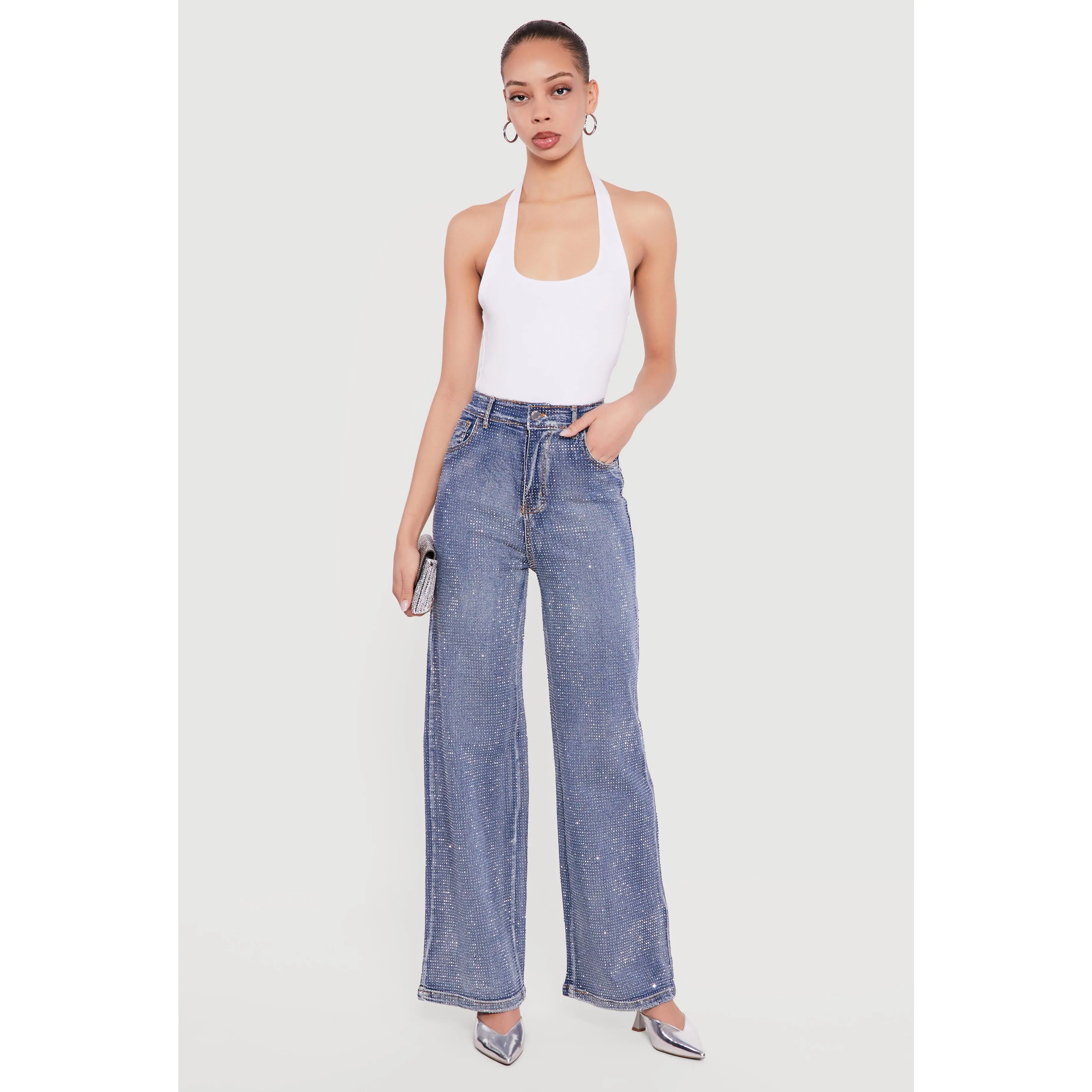 Rhinestone Studded High Waisted Straight Leg Jeans