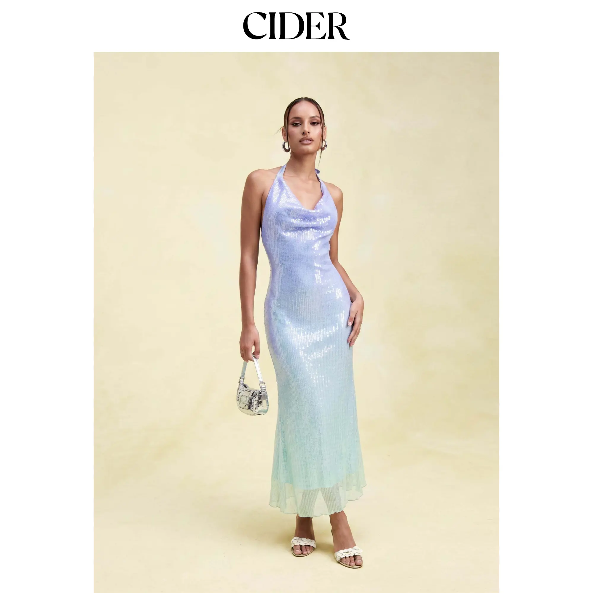 Cider Women's Formal Basic Fitted Ombre Sequin Halter Neck Mermaid Maxi Dress - L-8 High-Stretch Elastane-Polyester Evening Party Gown
