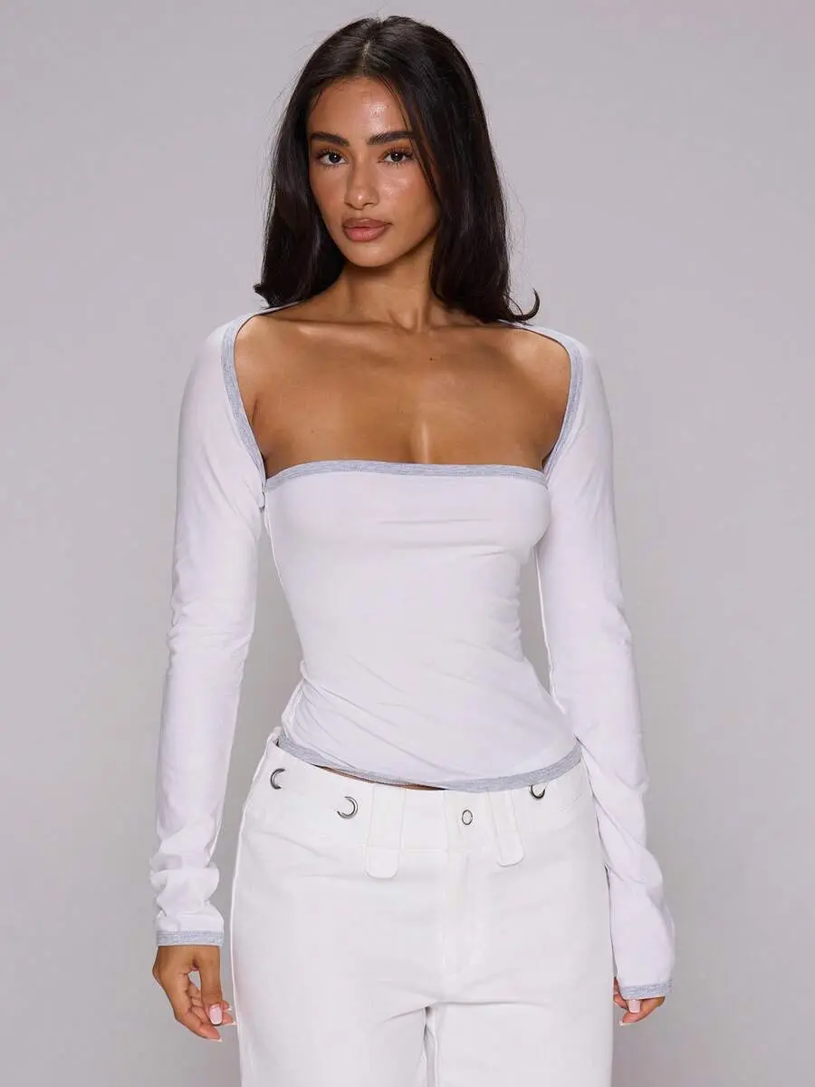 Double Layered Contrast Edge Fitted Boat Neck Bolero Style Long Sleeve Top Lounge Daily Everyday Essentials