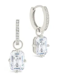 Sterling Silver Emerald Cut CZ Micro Hoop Dangle Earrings