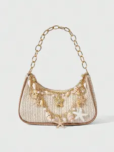 Vacation style practical texture woven armpit bag, starfish shell pearl pendant, chain shoulder strap design, fashionable retro light luxury seaside style, versatile beach date item, full of atmosphere