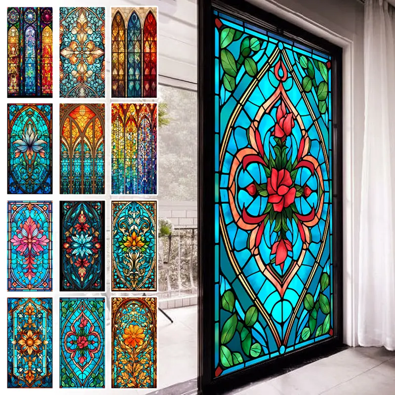 Stained Glass Window Backdrop Vintage Glass Film Window Sticker Decor Privacy Ornaments Girl Room Accessories Door Decorations
