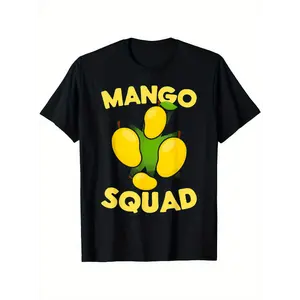 Men's Funny Mango Squad Graphic T-Shirt - Black Tee with Mango Squad Lettering & Yellow Mangoes - Heavyweight 180gsm Cotton Shirt for Casual Casual Attire - Breathable Fabric, Statement Top, Young Adults