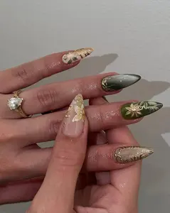 Gold and Green Botanical Press On Nails, Green Stained Glass Press On Nails with Gold Details, Classy Floral Nail Art for Weddings and Event