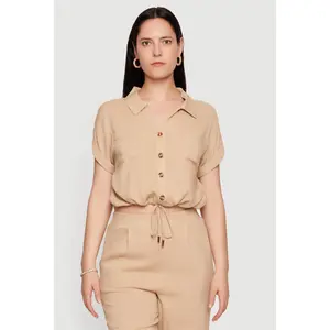 Drawstring Hem Cropped Short Sleeve Button Front Shirt