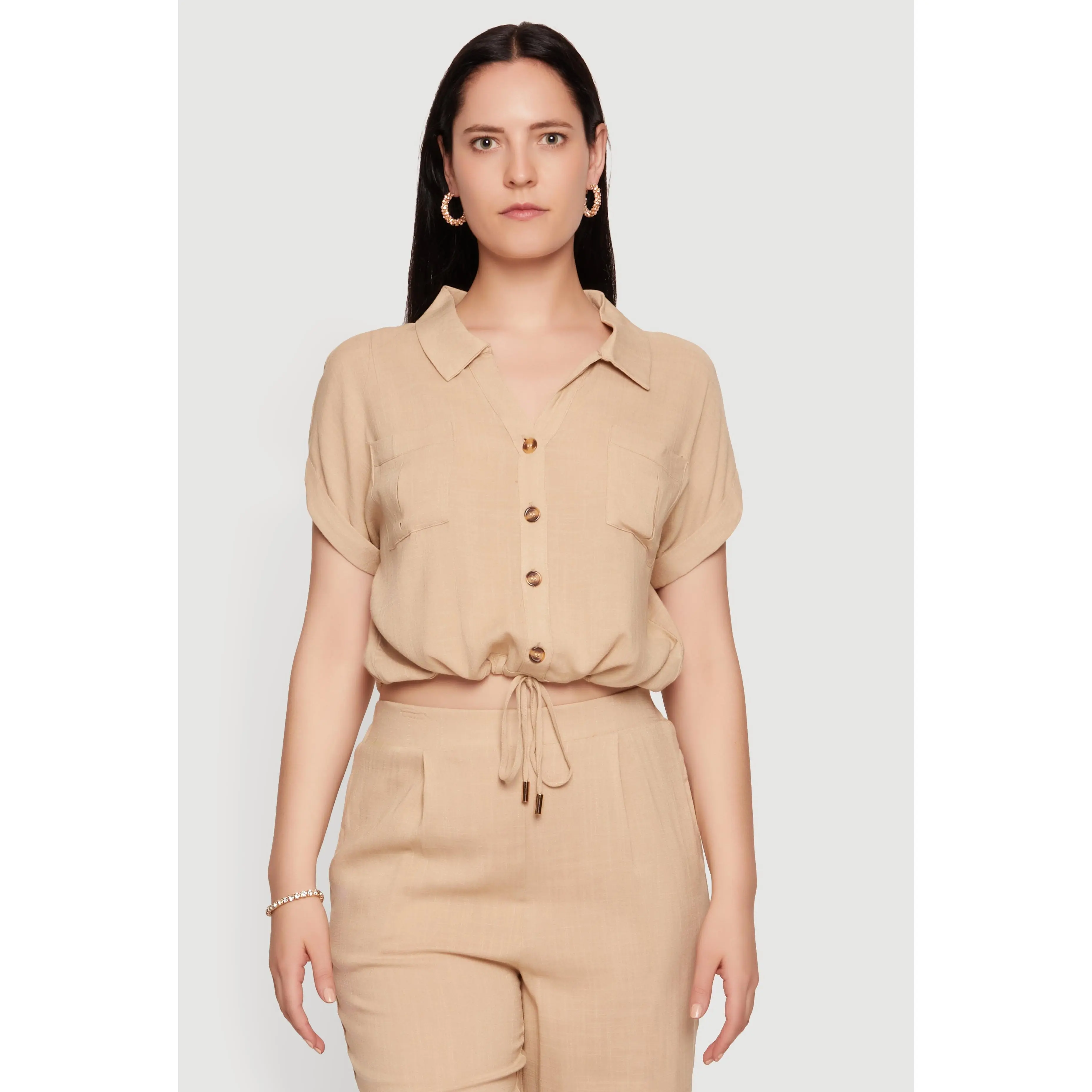 Drawstring Hem Cropped Short Sleeve Button Front Shirt