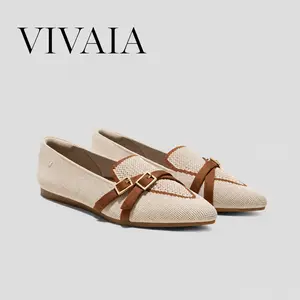 VIVAIA Pointed-Toe Aria Crisscross Loafers, Lightweight Comfortable Flats with Decorative Buckle, Spacious Pointed-Toe Work Shoes, Machine Washable Knit Loafers(Marvis)